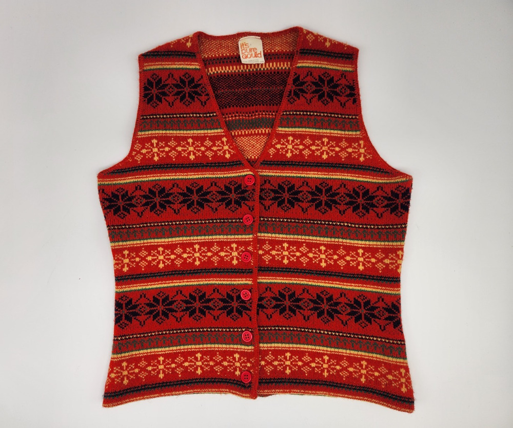 Vintage "It's Pure Gould" Fair Isle Multi Color Pop Knit Sweater Vest Boho S/M